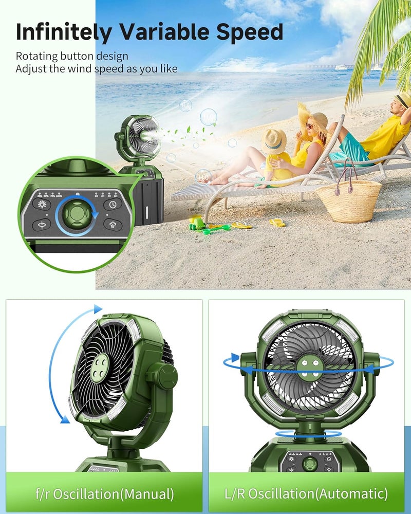 Kocyare Misting fan with 7L bucket 90°Oscillating ,4 Spray Mister 25000mAh Rechargeable Camping fan with Remote Control Stepless Speed and Timer for Patios/Camping，Waterproof Design Outdoor Fans (Green) - Image 5